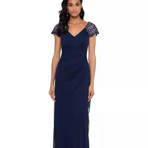 XSCAPE Lace-Sleeve Chiffon Gown Navy Size 10